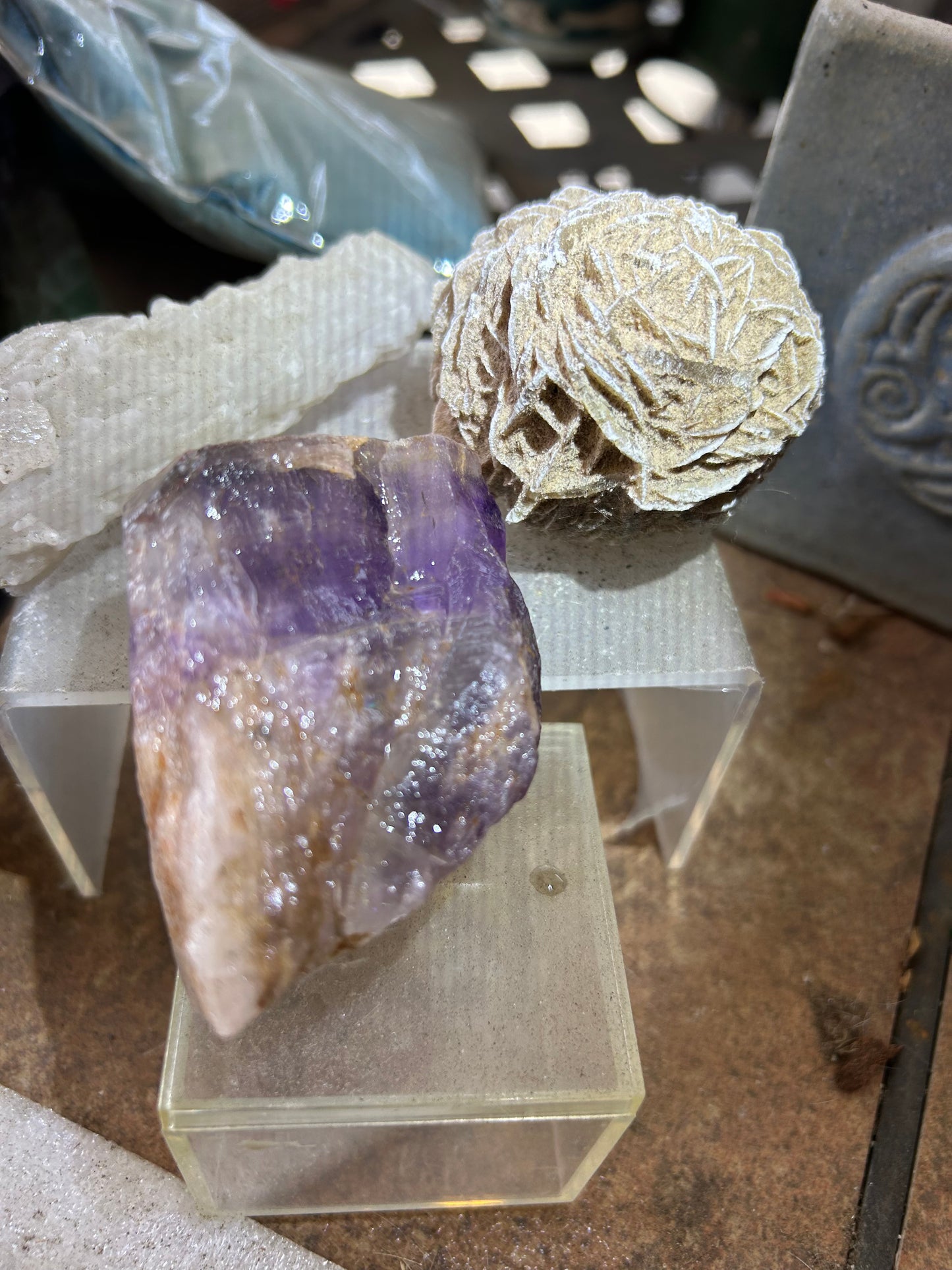 Mineral Bundle Thunderbay Amethyst, Candle Quartz and desert rose selenite