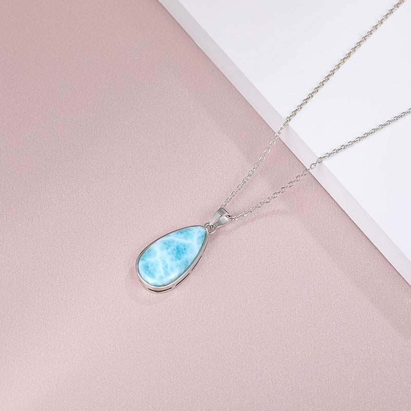 925 Sterling Silver Jewelry Gifts Classic Pendant Necklace Natural Precious Larimar Retro Woman Oval Charm Rhodium Plated Gold