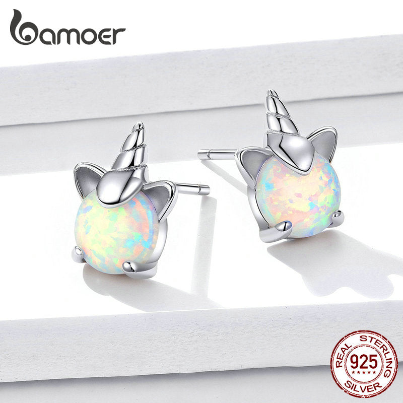 bamoer Opal Unicorn Stud Earrings for Girl 925 Sterling Silver Hypoallergenic Earings Fashion Cute Jewelry SCE737