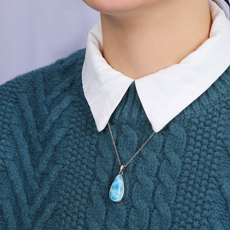 925 Sterling Silver Jewelry Gifts Classic Pendant Necklace Natural Precious Larimar Retro Woman Oval Charm Rhodium Plated Gold