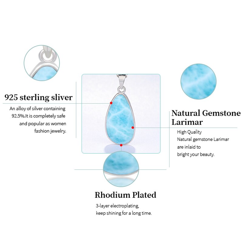 925 Sterling Silver Jewelry Gifts Classic Pendant Necklace Natural Precious Larimar Retro Woman Oval Charm Rhodium Plated Gold