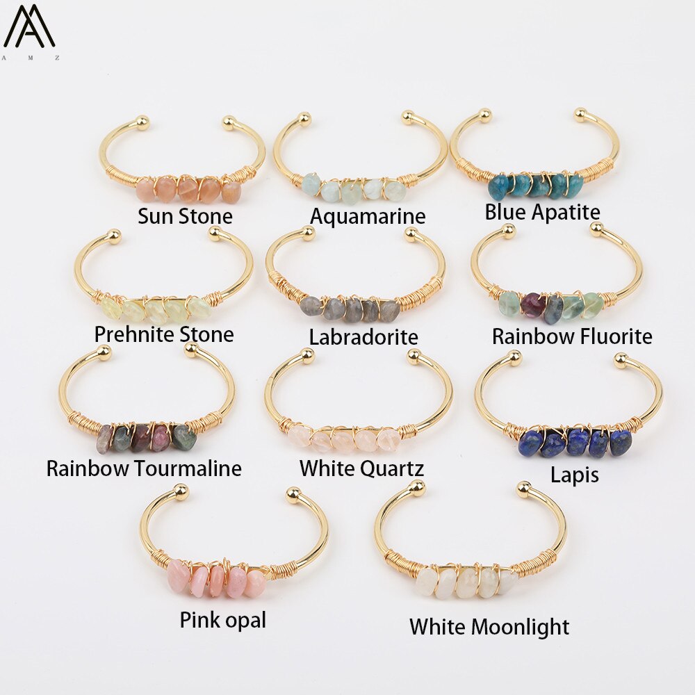Gold Color Wire Wrap Rainbow Fluorite Stone Chip Beads Open Cuff Bangles Bracelets Women Crystal Beads Bangle Jewelry N0498AMAJ