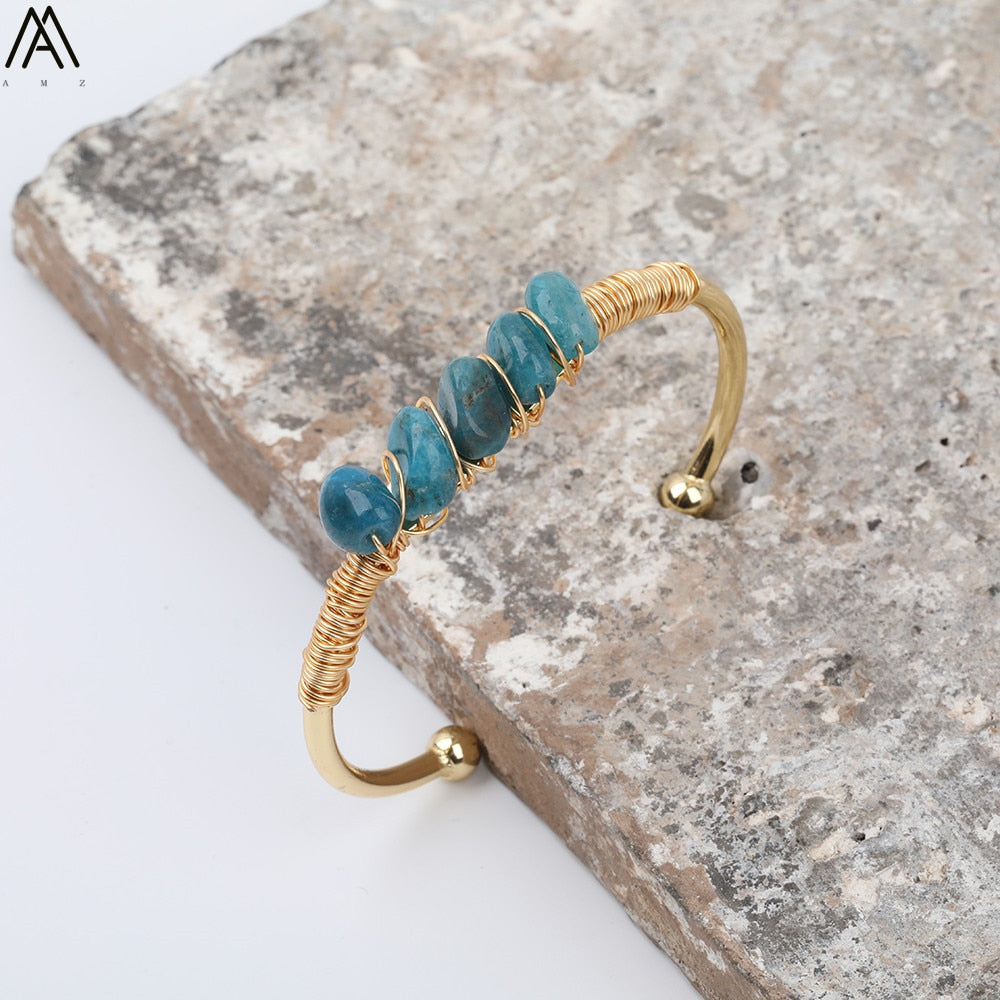 Gold Color Wire Wrap Rainbow Fluorite Stone Chip Beads Open Cuff Bangles Bracelets Women Crystal Beads Bangle Jewelry N0498AMAJ