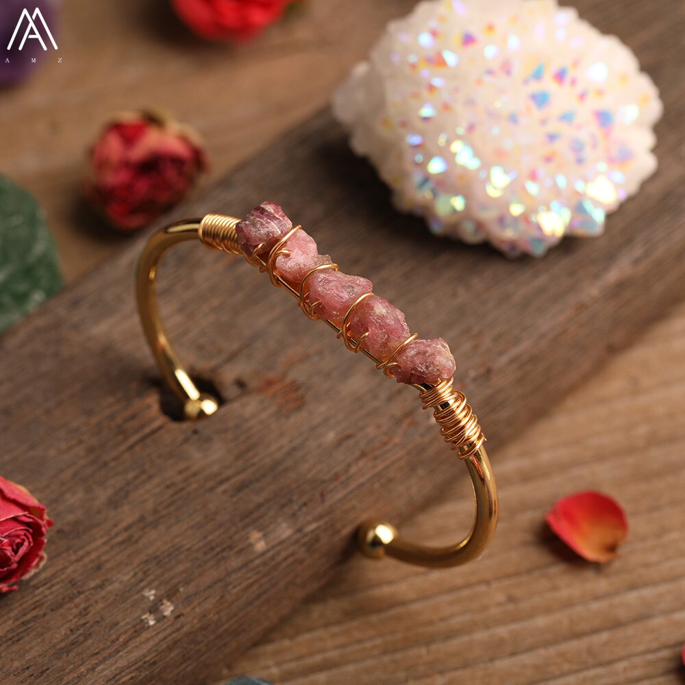 Gold Color Wire Wrap Rainbow Fluorite Stone Chip Beads Open Cuff Bangles Bracelets Women Crystal Beads Bangle Jewelry N0498AMAJ