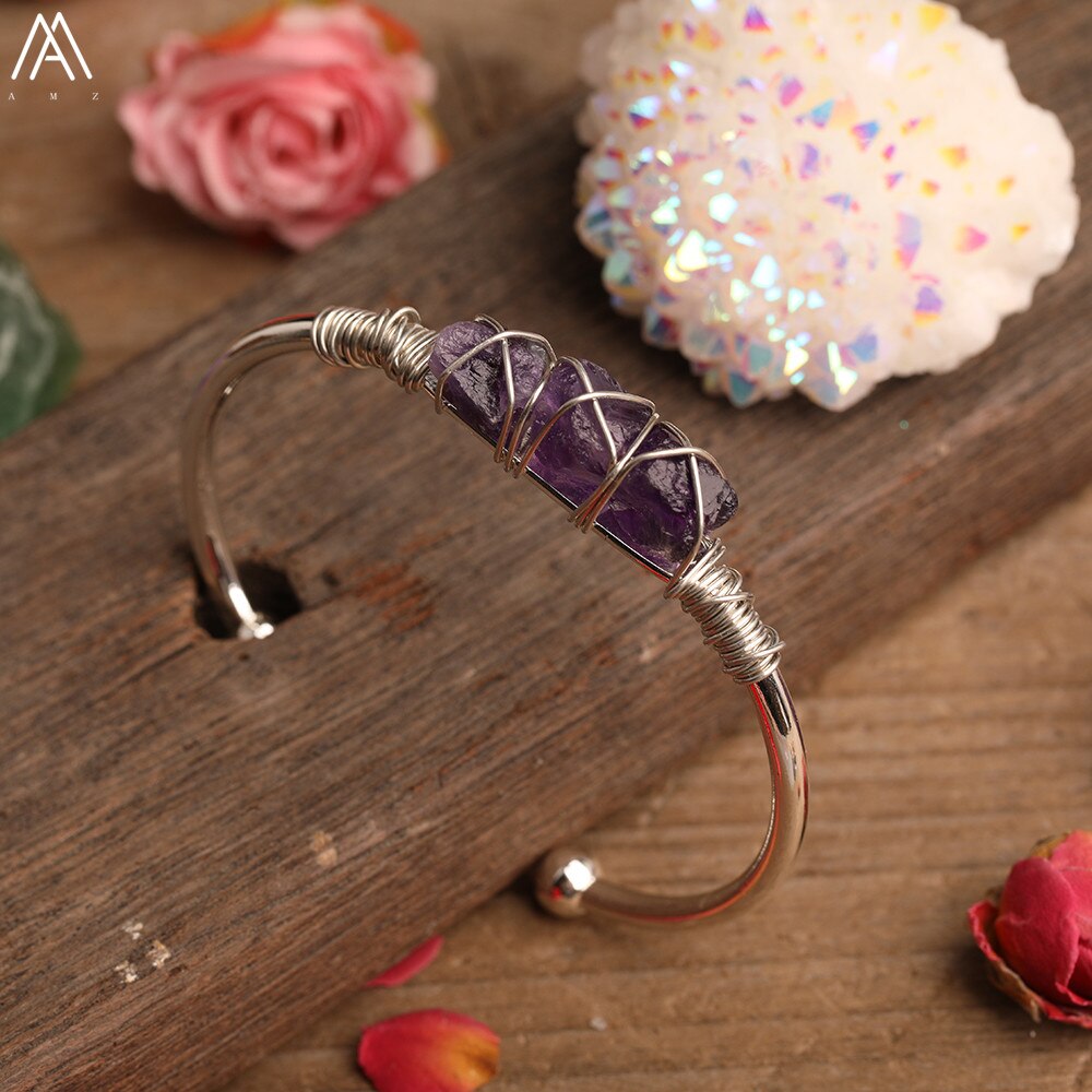 Gold Color Wire Wrap Rainbow Fluorite Stone Chip Beads Open Cuff Bangles Bracelets Women Crystal Beads Bangle Jewelry N0498AMAJ