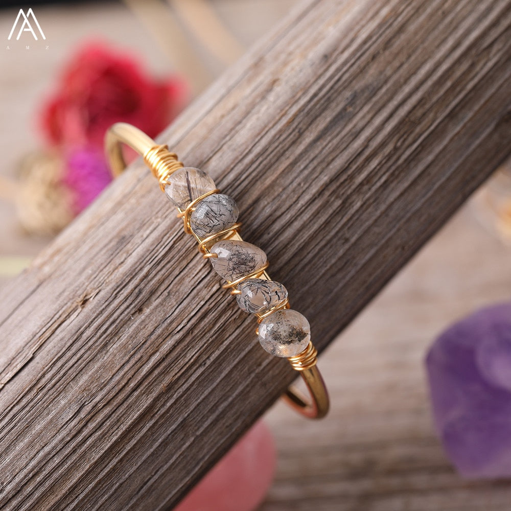 Gold Color Wire Wrap Rainbow Fluorite Stone Chip Beads Open Cuff Bangles Bracelets Women Crystal Beads Bangle Jewelry N0498AMAJ