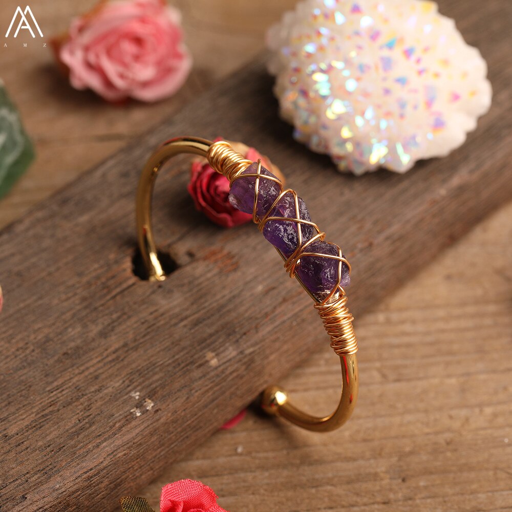 Gold Color Wire Wrap Rainbow Fluorite Stone Chip Beads Open Cuff Bangles Bracelets Women Crystal Beads Bangle Jewelry N0498AMAJ
