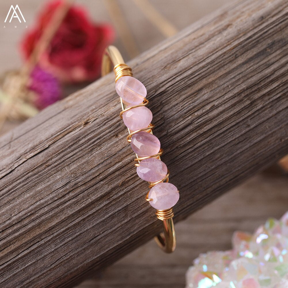 Gold Color Wire Wrap Rainbow Fluorite Stone Chip Beads Open Cuff Bangles Bracelets Women Crystal Beads Bangle Jewelry N0498AMAJ