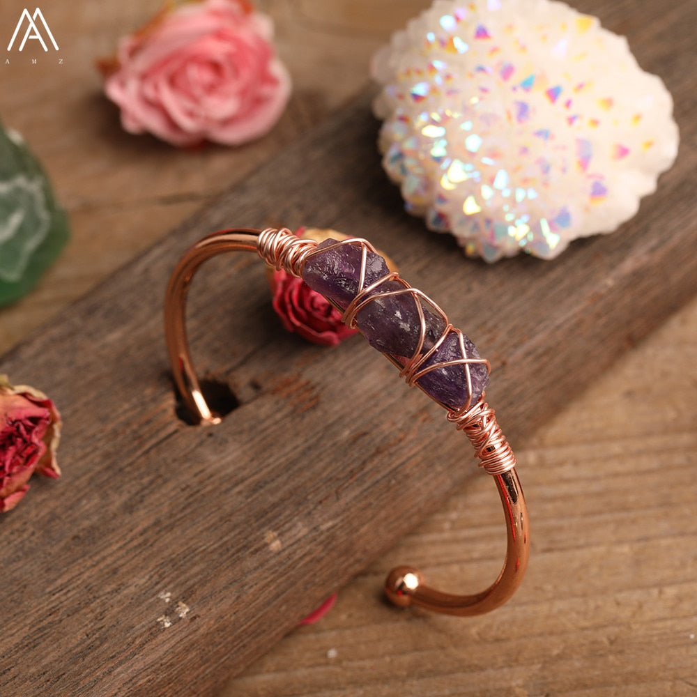 Gold Color Wire Wrap Rainbow Fluorite Stone Chip Beads Open Cuff Bangles Bracelets Women Crystal Beads Bangle Jewelry N0498AMAJ