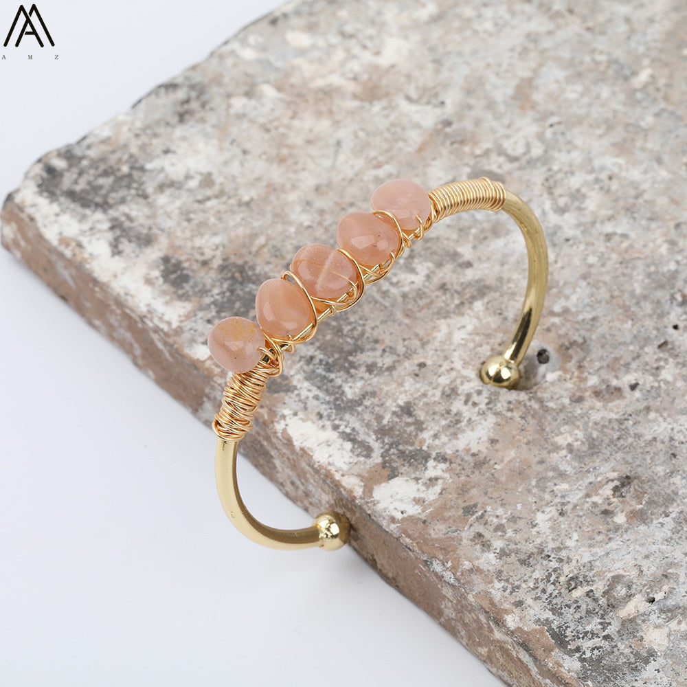 Gold Color Wire Wrap Rainbow Fluorite Stone Chip Beads Open Cuff Bangles Bracelets Women Crystal Beads Bangle Jewelry N0498AMAJ