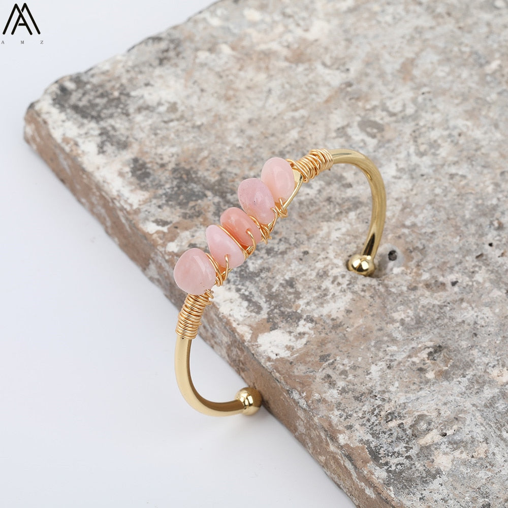 Gold Color Wire Wrap Rainbow Fluorite Stone Chip Beads Open Cuff Bangles Bracelets Women Crystal Beads Bangle Jewelry N0498AMAJ
