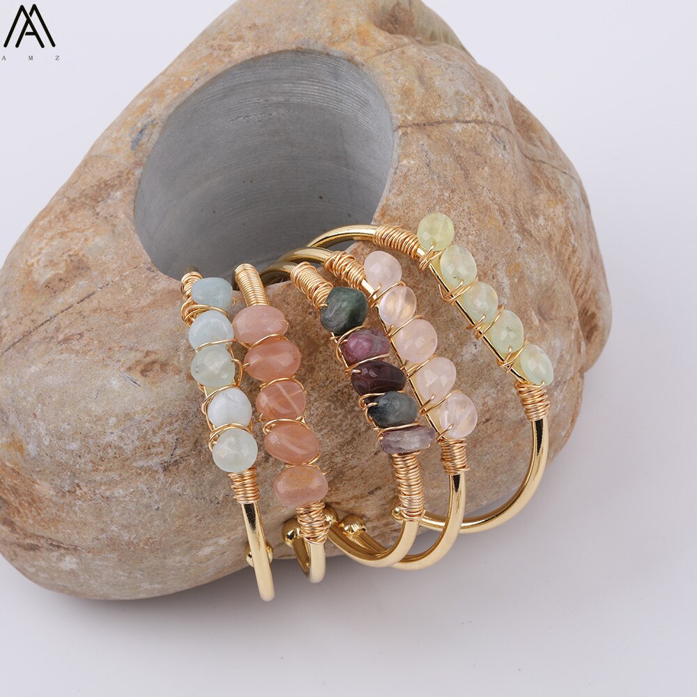 Gold Color Wire Wrap Rainbow Fluorite Stone Chip Beads Open Cuff Bangles Bracelets Women Crystal Beads Bangle Jewelry N0498AMAJ