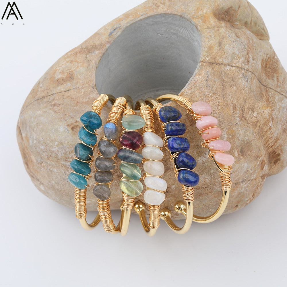 Gold Color Wire Wrap Rainbow Fluorite Stone Chip Beads Open Cuff Bangles Bracelets Women Crystal Beads Bangle Jewelry N0498AMAJ