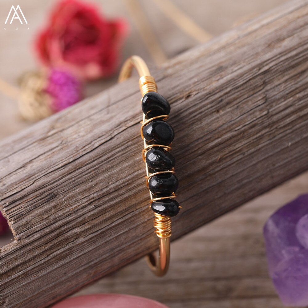 Gold Color Wire Wrap Rainbow Fluorite Stone Chip Beads Open Cuff Bangles Bracelets Women Crystal Beads Bangle Jewelry N0498AMAJ