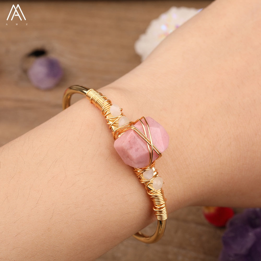Natural Fluorite Stone Chunky Beads Open Cuff Bangles Women Amethysts Quartz Chip Beads Wire Wrap Gold Copper Bracelet Jewelry