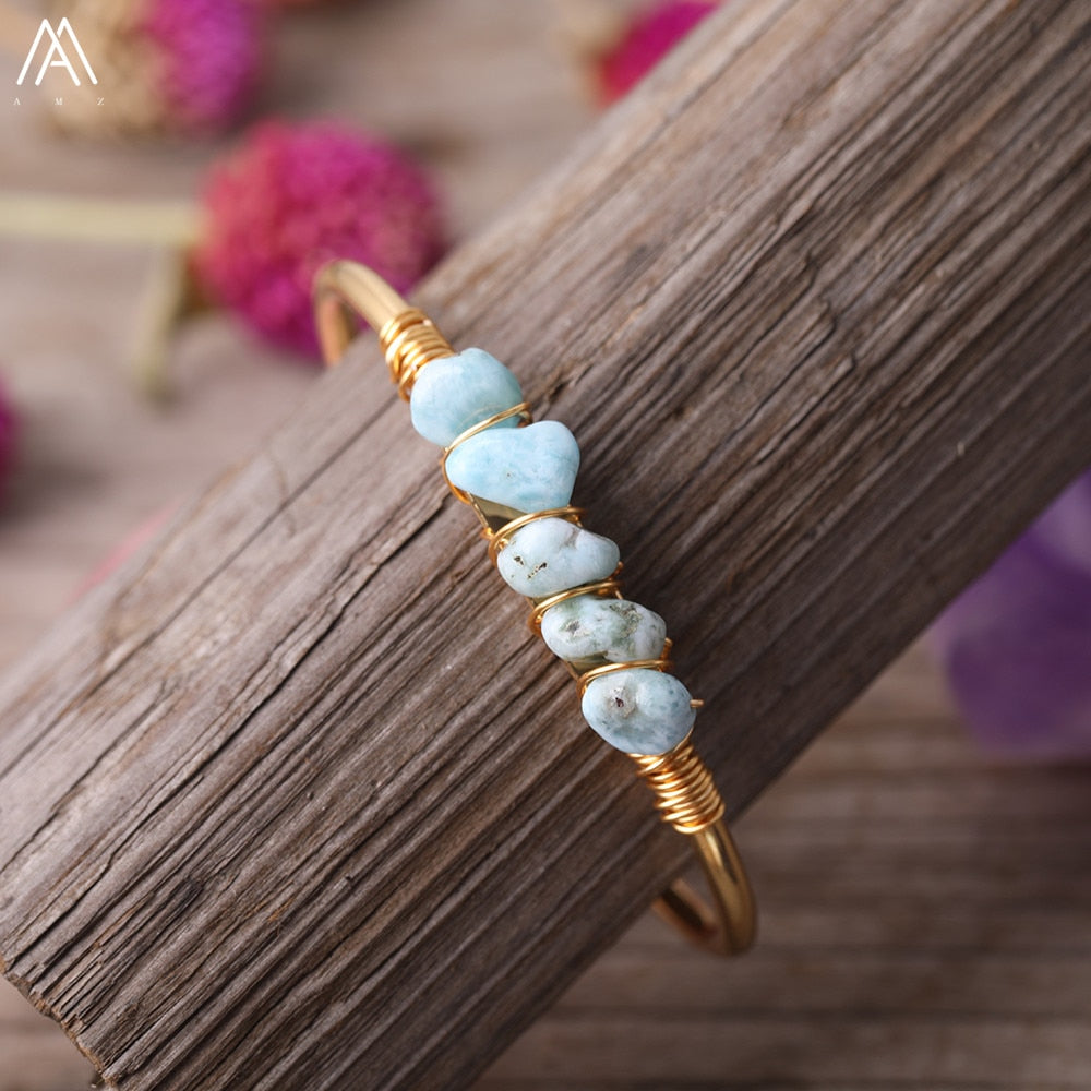 Gold Color Wire Wrap Rainbow Fluorite Stone Chip Beads Open Cuff Bangles Bracelets Women Crystal Beads Bangle Jewelry N0498AMAJ