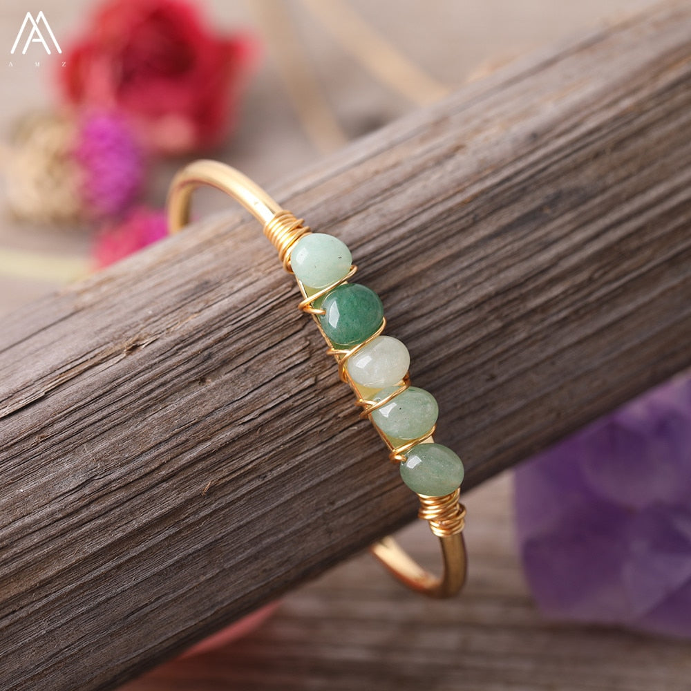 Gold Color Wire Wrap Rainbow Fluorite Stone Chip Beads Open Cuff Bangles Bracelets Women Crystal Beads Bangle Jewelry N0498AMAJ