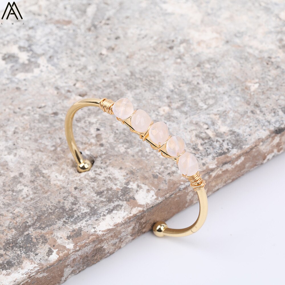 Gold Color Wire Wrap Rainbow Fluorite Stone Chip Beads Open Cuff Bangles Bracelets Women Crystal Beads Bangle Jewelry N0498AMAJ