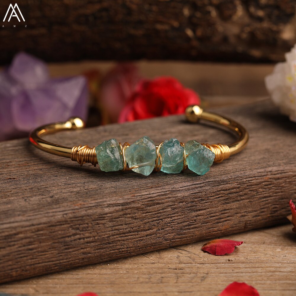 Gold Color Wire Wrap Rainbow Fluorite Stone Chip Beads Open Cuff Bangles Bracelets Women Crystal Beads Bangle Jewelry N0498AMAJ
