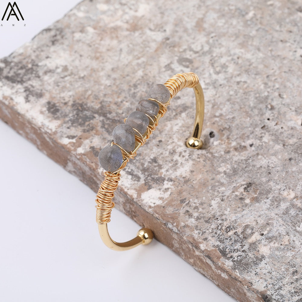 Gold Color Wire Wrap Rainbow Fluorite Stone Chip Beads Open Cuff Bangles Bracelets Women Crystal Beads Bangle Jewelry N0498AMAJ