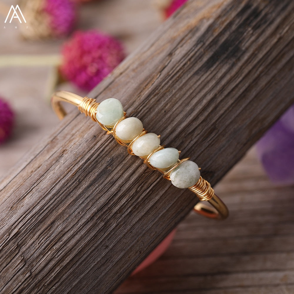 Gold Color Wire Wrap Rainbow Fluorite Stone Chip Beads Open Cuff Bangles Bracelets Women Crystal Beads Bangle Jewelry N0498AMAJ