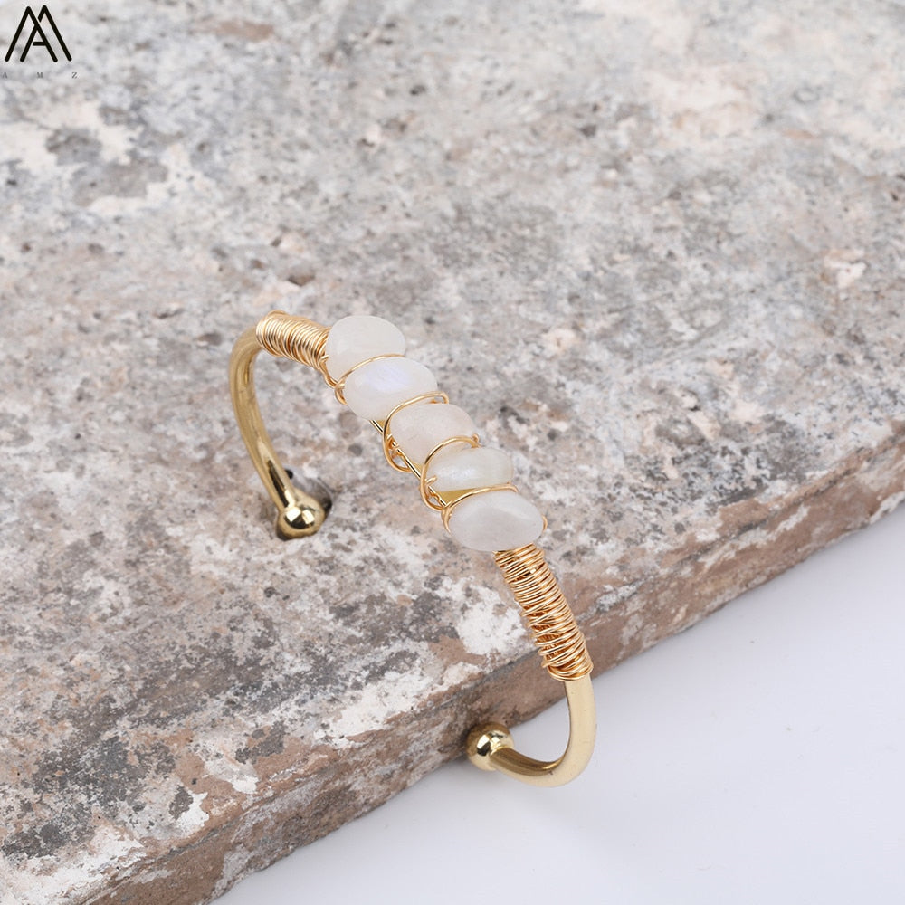 Gold Color Wire Wrap Rainbow Fluorite Stone Chip Beads Open Cuff Bangles Bracelets Women Crystal Beads Bangle Jewelry N0498AMAJ