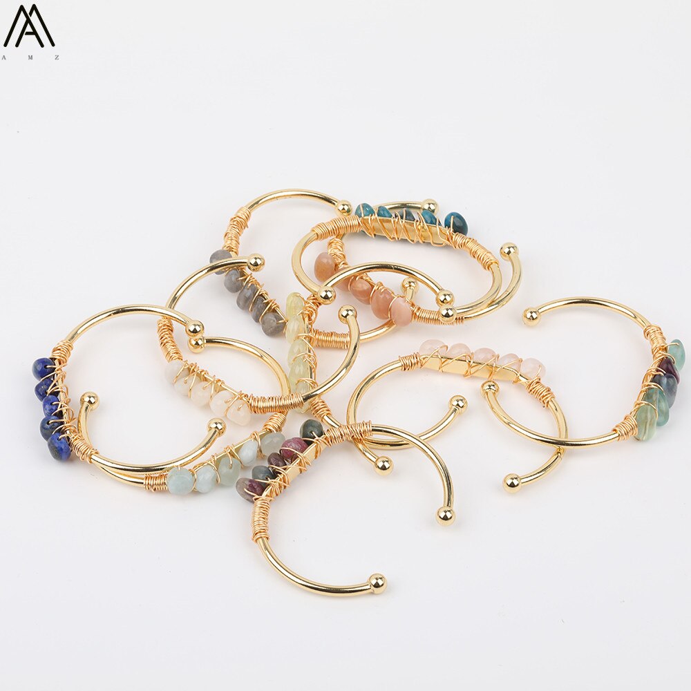 Gold Color Wire Wrap Rainbow Fluorite Stone Chip Beads Open Cuff Bangles Bracelets Women Crystal Beads Bangle Jewelry N0498AMAJ