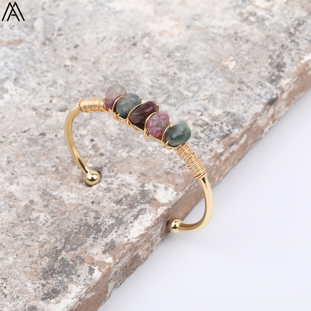 Gold Color Wire Wrap Rainbow Fluorite Stone Chip Beads Open Cuff Bangles Bracelets Women Crystal Beads Bangle Jewelry N0498AMAJ