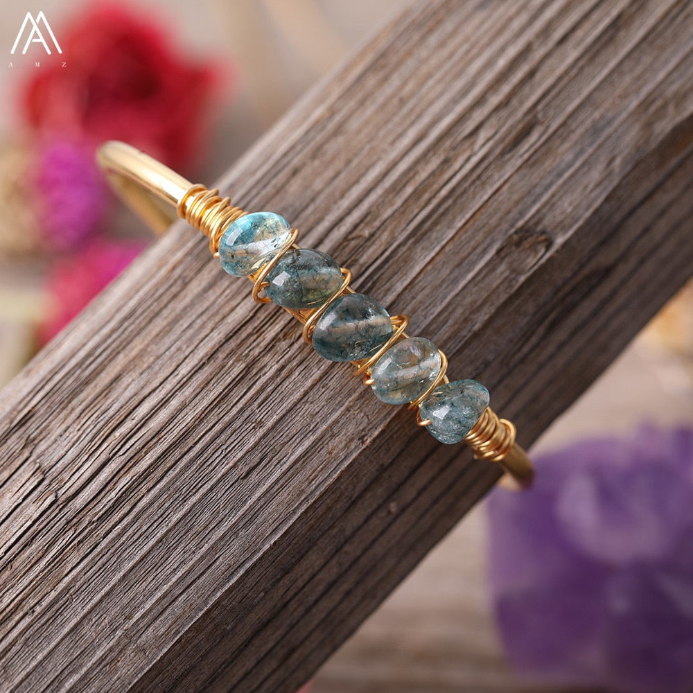 Gold Color Wire Wrap Rainbow Fluorite Stone Chip Beads Open Cuff Bangles Bracelets Women Crystal Beads Bangle Jewelry N0498AMAJ