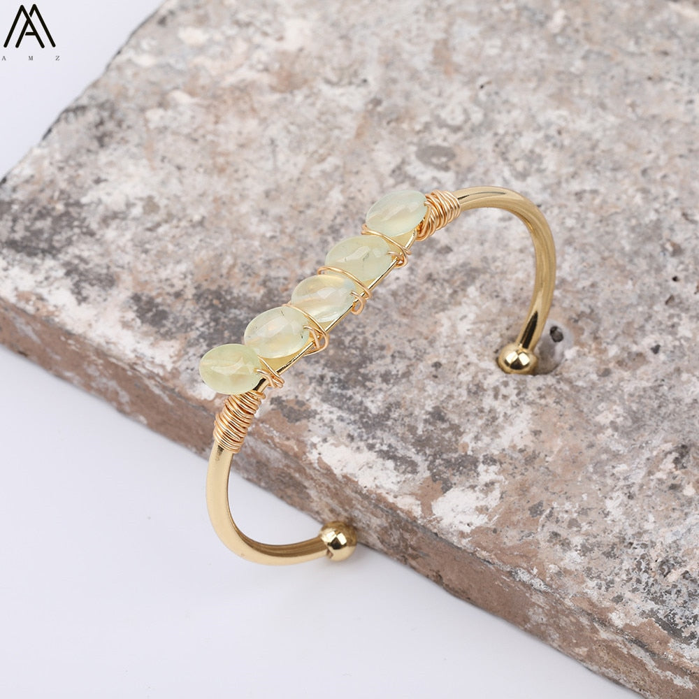 Gold Color Wire Wrap Rainbow Fluorite Stone Chip Beads Open Cuff Bangles Bracelets Women Crystal Beads Bangle Jewelry N0498AMAJ