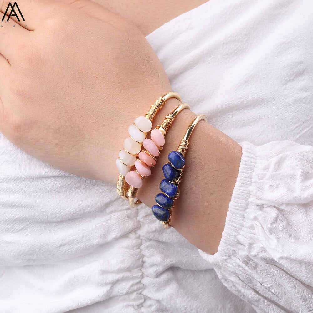 Gold Color Wire Wrap Rainbow Fluorite Stone Chip Beads Open Cuff Bangles Bracelets Women Crystal Beads Bangle Jewelry N0498AMAJ