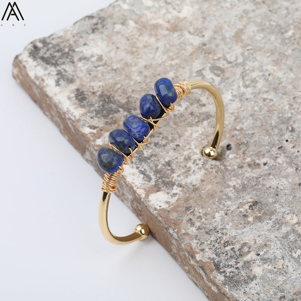 Gold Color Wire Wrap Rainbow Fluorite Stone Chip Beads Open Cuff Bangles Bracelets Women Crystal Beads Bangle Jewelry N0498AMAJ