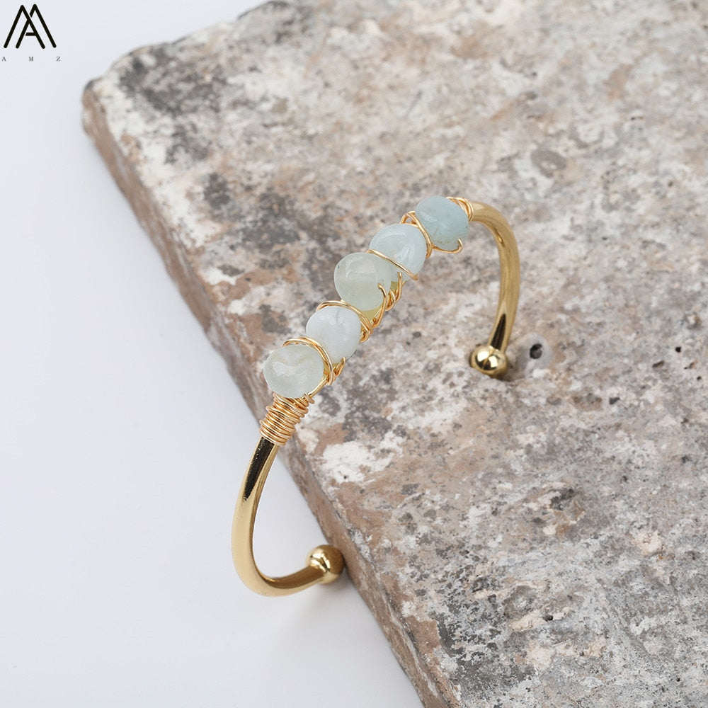 Gold Color Wire Wrap Rainbow Fluorite Stone Chip Beads Open Cuff Bangles Bracelets Women Crystal Beads Bangle Jewelry N0498AMAJ