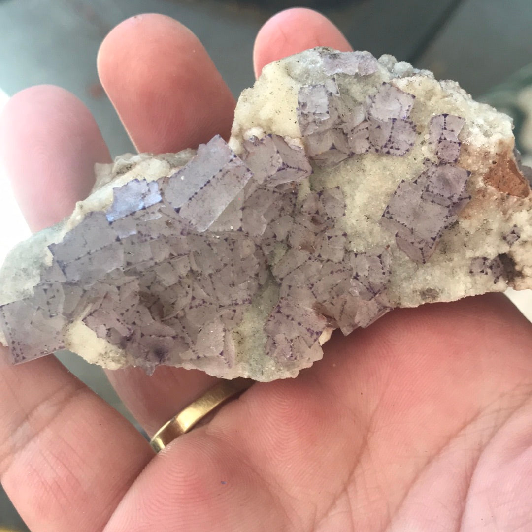 Purple sided fluorite on calcite matrix Janis Joplin