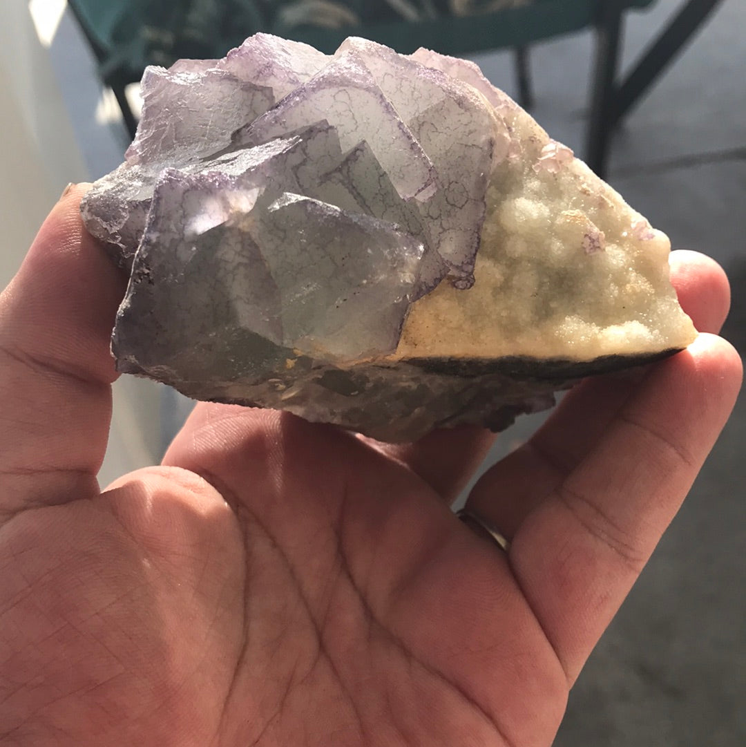 Red pagoda calcite Karen purple sided fluorite