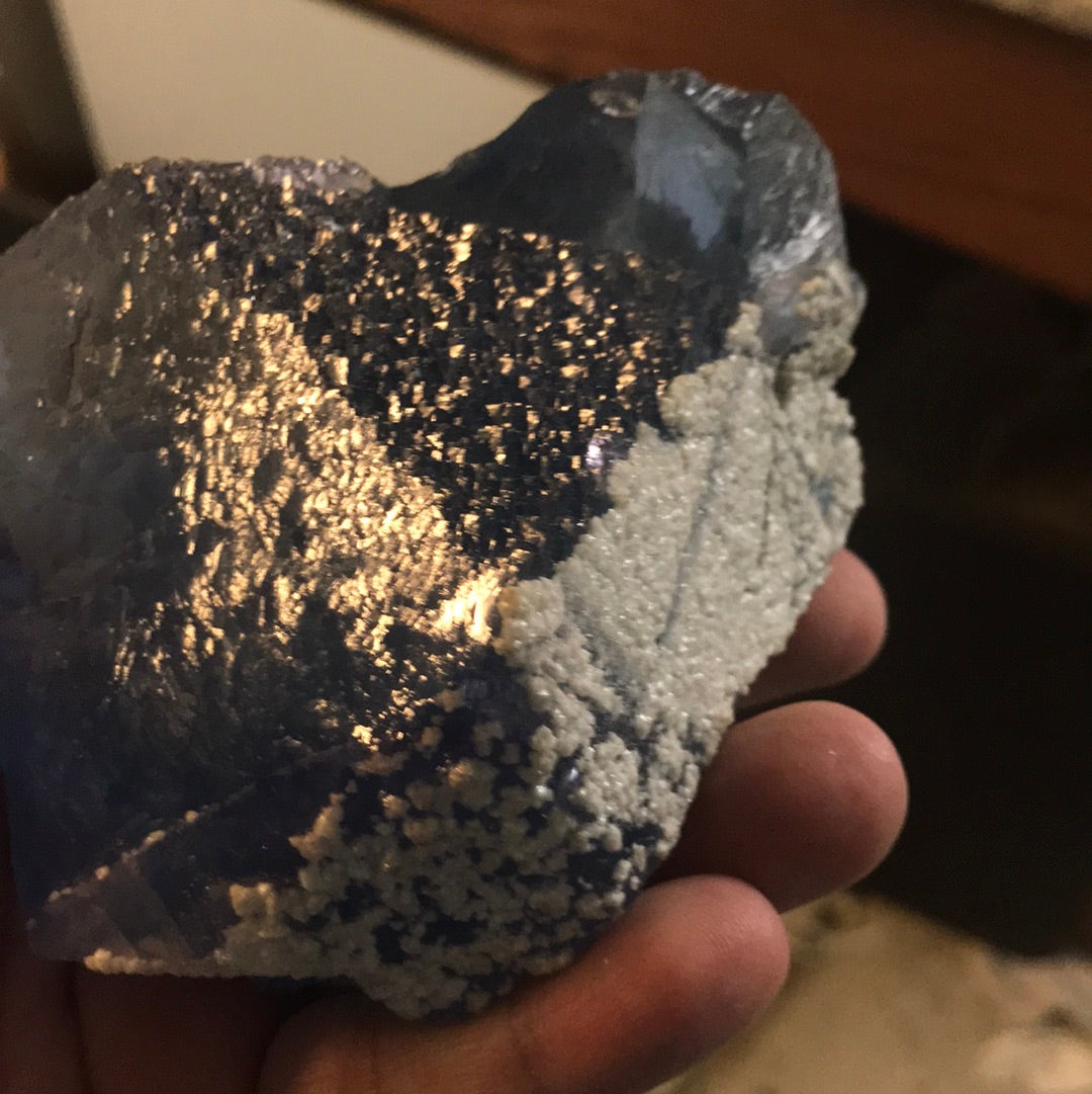 Black phantom calcite and blue fluorite Jaden