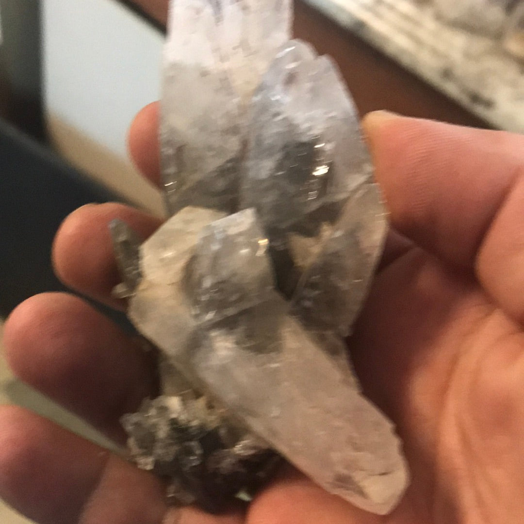 Black phantom calcite and blue fluorite Jaden