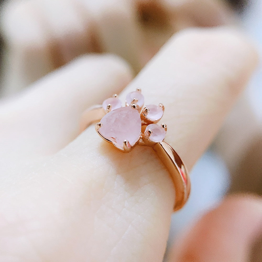 LAMOON Sterling Silver 925 Jewelry Rings For Women Pink Paw Rose Quartz Ring Rose Gold / White Gold Platd Gemstones Jewellery