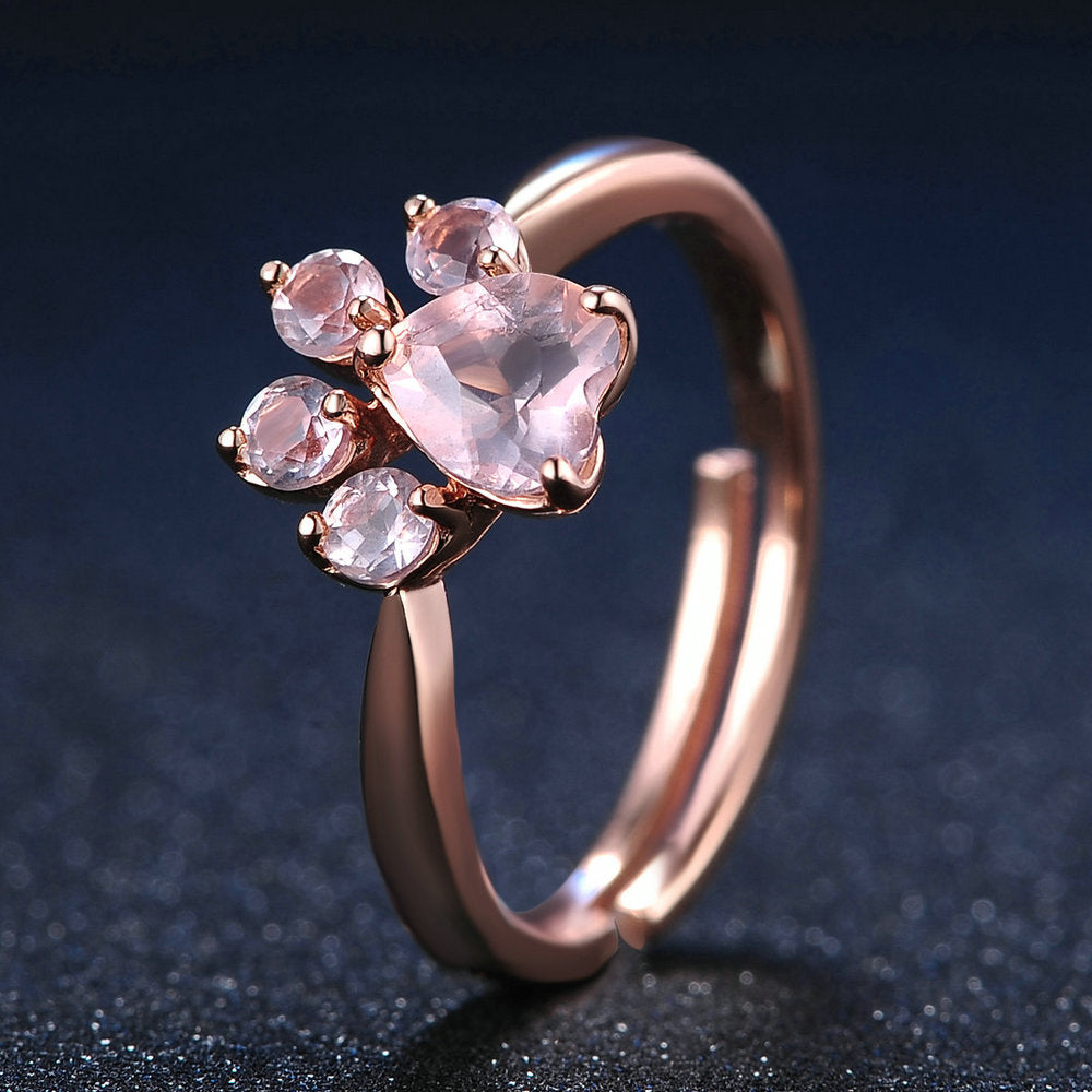 LAMOON Sterling Silver 925 Jewelry Rings For Women Pink Paw Rose Quartz Ring Rose Gold / White Gold Platd Gemstones Jewellery