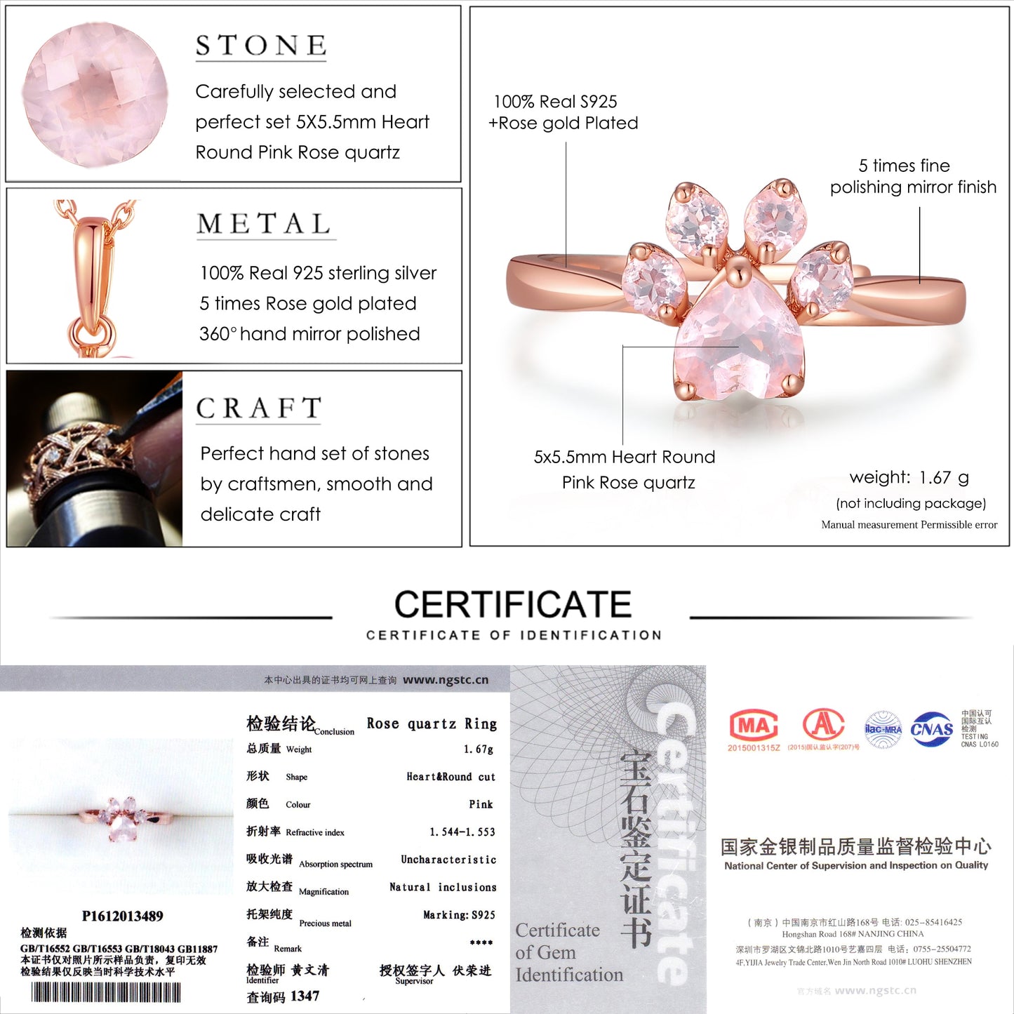 LAMOON Sterling Silver 925 Jewelry Rings For Women Pink Paw Rose Quartz Ring Rose Gold / White Gold Platd Gemstones Jewellery