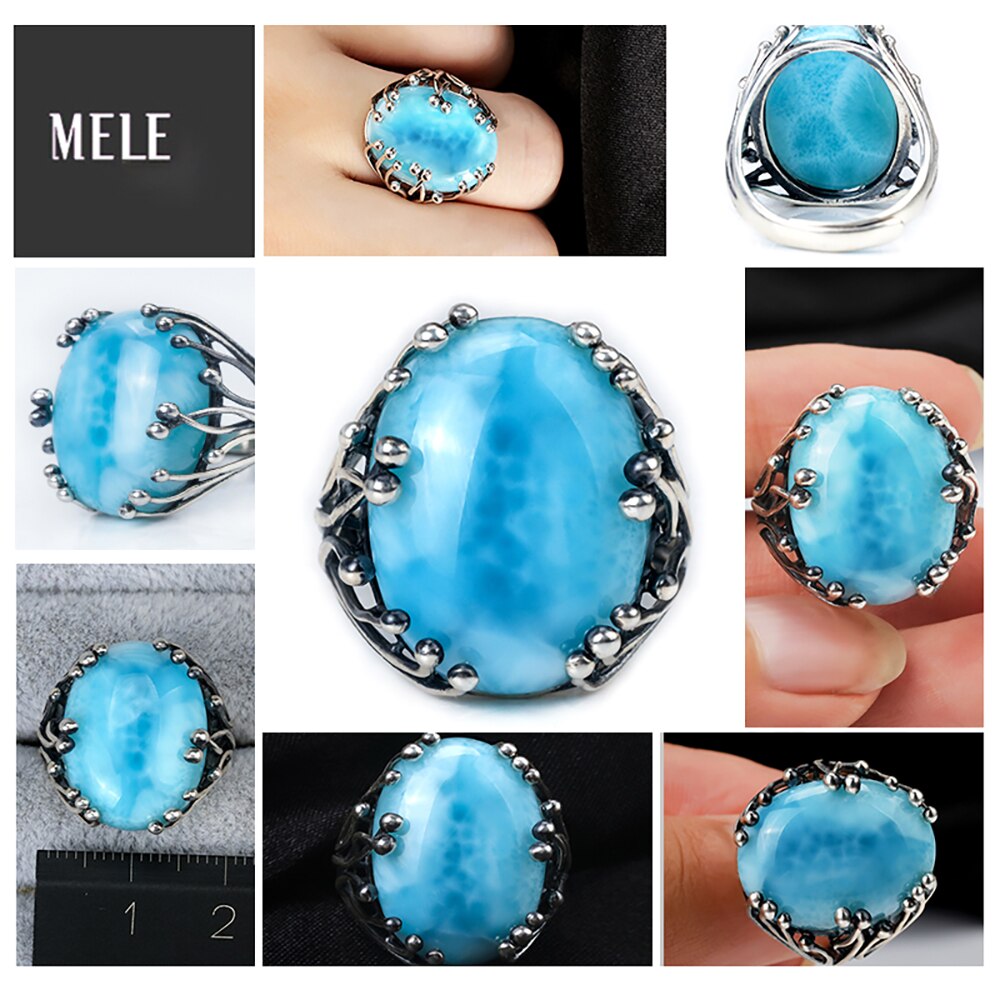 Natural Larimar 925 silver rings for women blue Larimar gemstone man big rings fine jewelry Opening ring design gem oval 15X20mm