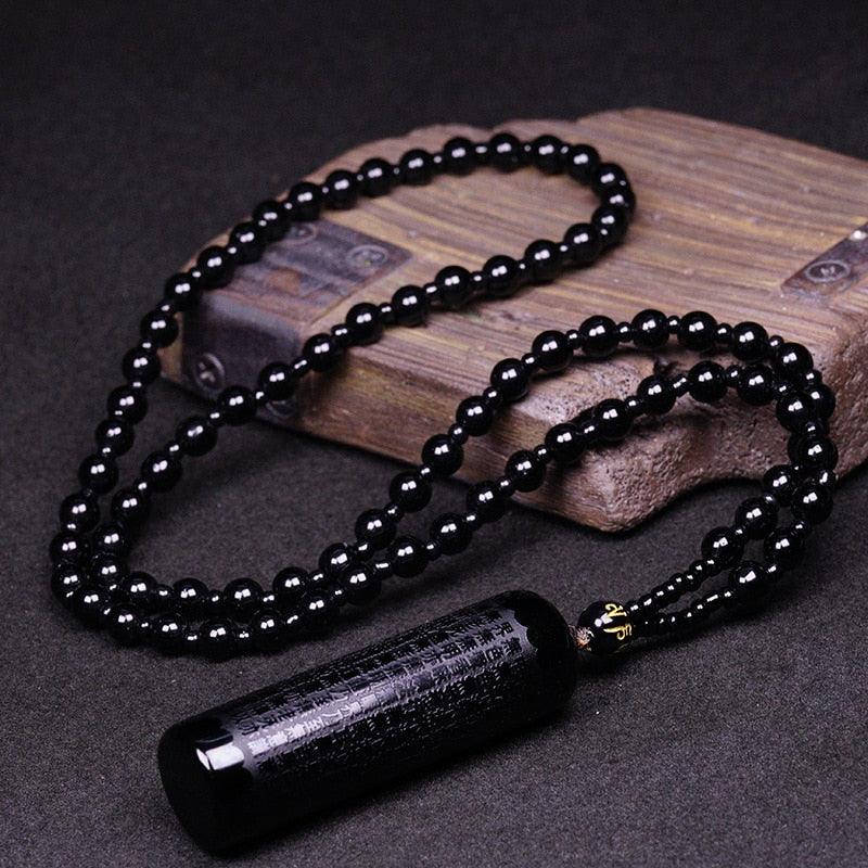 Black Obsidian Buddha Pendant Prajna paramita Sutra Buddha Necklace Pendant Men's Pendant Women's Jewelry With beads Chain