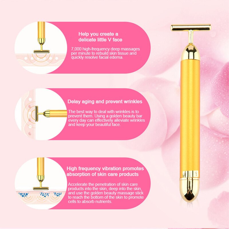 T Shape Face Lift Roller 24k Gold Energy Beauty Bar Face Slimming Vibration Massager Anti-wrinkle Skin Tightening Wrinkle Stick