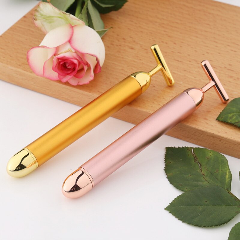 T Shape Face Lift Roller 24k Gold Energy Beauty Bar Face Slimming Vibration Massager Anti-wrinkle Skin Tightening Wrinkle Stick