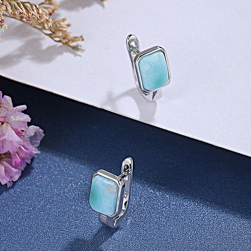 2021 Simple Fashion Geometric Square Charm 925 Sterling Silver Jewelry Gift Classic Natural Precious Larimar Earrings for Women