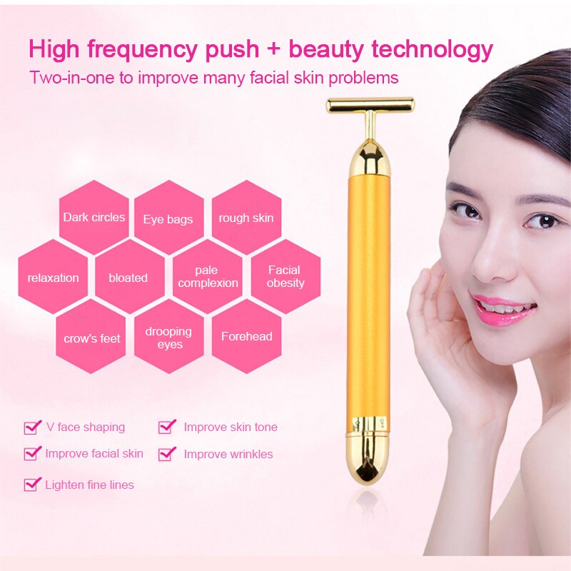 T Shape Face Lift Roller 24k Gold Energy Beauty Bar Face Slimming Vibration Massager Anti-wrinkle Skin Tightening Wrinkle Stick