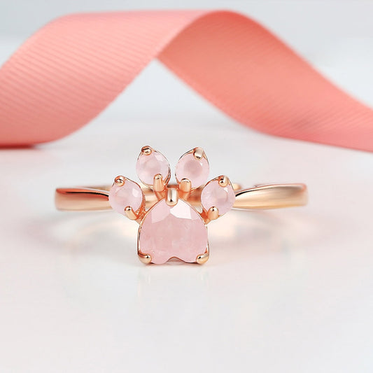 LAMOON Sterling Silver 925 Jewelry Rings For Women Pink Paw Rose Quartz Ring Rose Gold / White Gold Platd Gemstones Jewellery