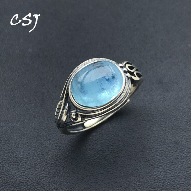 CSJ Natural Aquamarine Rings 925 Sterling Silver Oval 8*10mm for Women Jewelry Birthday Christmas Gift