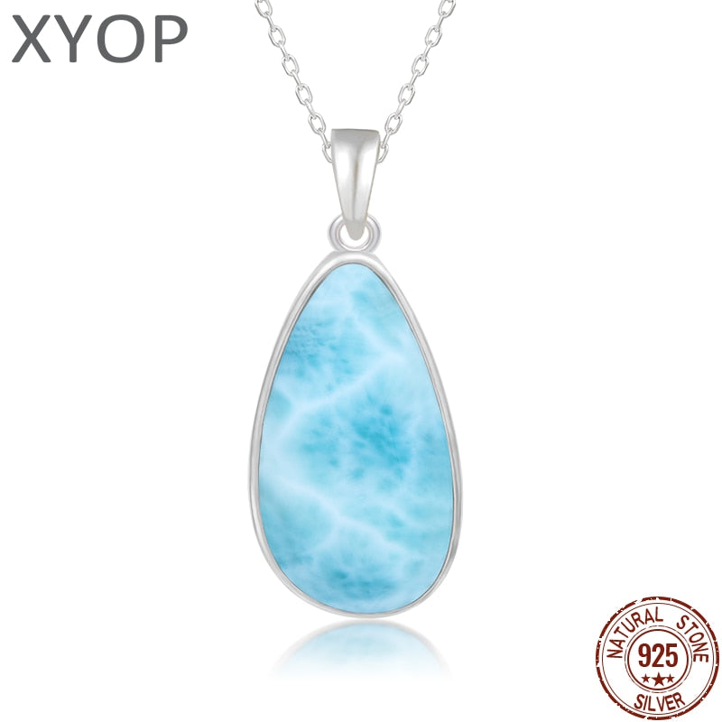 925 Sterling Silver Jewelry Gifts Classic Pendant Necklace Natural Precious Larimar Retro Woman Oval Charm Rhodium Plated Gold