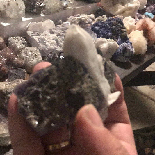 Purple Octahedral Fluorite Zandra on candle quartz